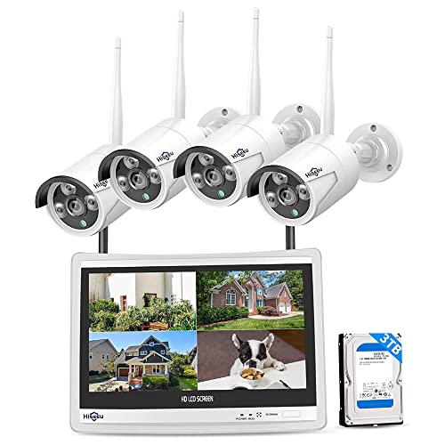 [10CH Expandable, 5MP] Hiseeu Home Security System with 4K Full 12' LCD Monitor Built in NVR, 24/7 Recording, 3TB HDD, Wireless Dual WiFi, DC12V 5MP Outdoor Bullet Cameras, Night Vision, Waterproof