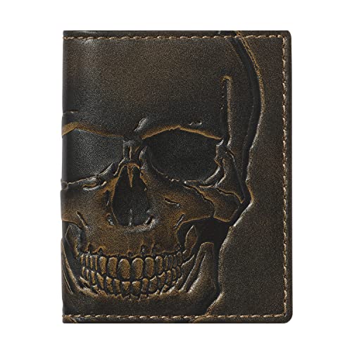 HoJ Co. SKULL Slim Card Wallet | Minimalist Bifold Card Case | Slim Front Pocket Card Holder | Handburnished Premium Leather| Compact Size