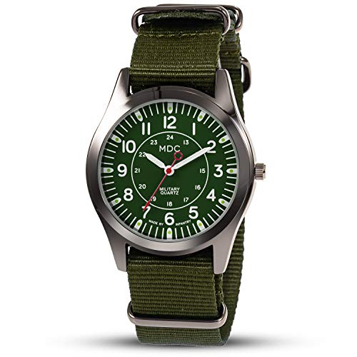 Infantry Mens Military Tactical Watch Analog Green Field Army Wrist Watches for Men 12/24 Hour Work Outdoor Sport Wristwatch with Nylon Band by MDC