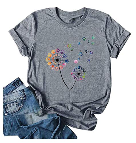 Anbech Womens Dandelion Graphic Cotton Tshirts Loose Fit Cute Paw Print Casual Tee Tops (Grey, XL)