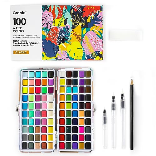 Grabie Watercolor Paint Set, 100 Colors Painting with Water Brush Pens and Drawing Pencil, Great for Kids and Adults, Art Supplies, Perfect Starter Kit for Painting