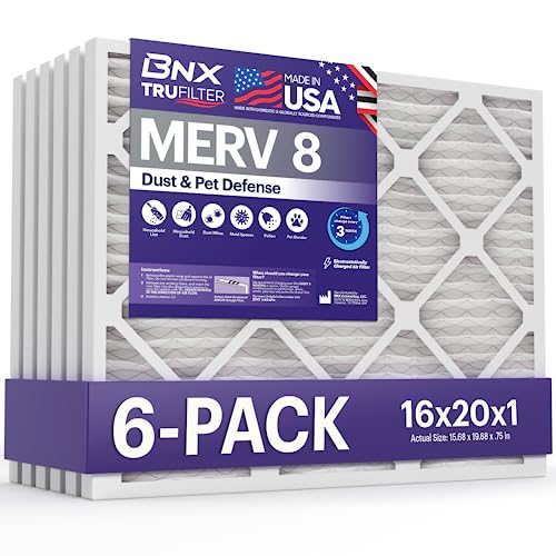 BNX TruFilter 16x20x1 Air Filter MERV 8 (6-Pack) - MADE IN USA – Dust & Pet Defense Electrostatic Pleated Air Conditioner HVAC AC Furnace Filters for Dust, Pet, Mold, Pollen MPR 600 – 700 & FPR 5