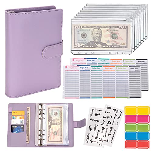 Budget Binder Cash Envelopes for Budgeting Money Organizer for Cash Money Envelopes for Cash Leather A6 Budget Binder with Zipper envelopes (Purple)