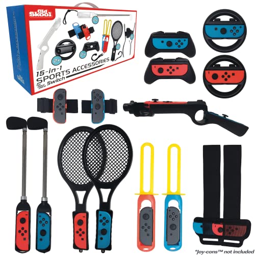 Switch Sports Accessories Bundle,15 in 1 Accessories Kit compatible with Nintendo Switch Sports: Includes 2 Tennis Rackets, 2 Golf Clubs, 2 Arm Bands, 1 Zapper, 2 Swords and 2 Steering wheels