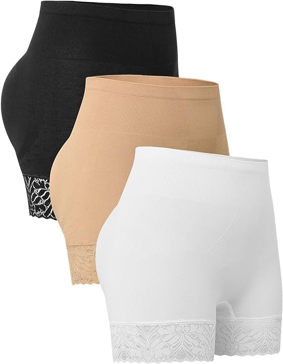 iloveSIA 3PACK Slip Shorts for Under Dresses Women Anti Chafing Shorts Underwear Lace Panties Safety Pants Black+Nude+White ONE SIZE FIT S/M/L