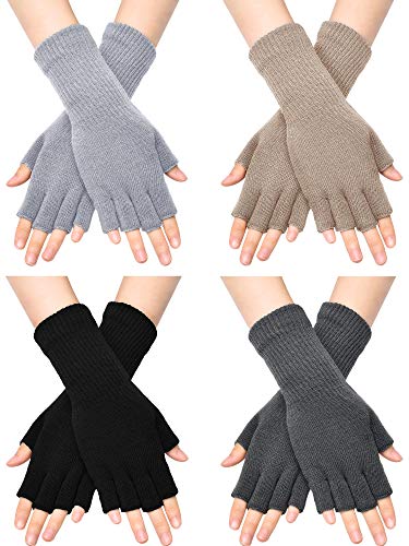 SATINIOR Fingerless Gloves for Women Half Finger Typing Gloves with Long Wrist Cuff Winter Knit Fingerless Mittens for Women (Black, Dark Grey, Light Grey, Light Tan, 4 Pairs)