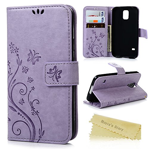 Mavis's Diary S5 Case, Galaxy S5 Case Premium Wallet PU Leather with Fashion Embossed Floral Butterfly Magnetic Clasp Card Holders Flip Cover with Hand Strap (Light Purple)
