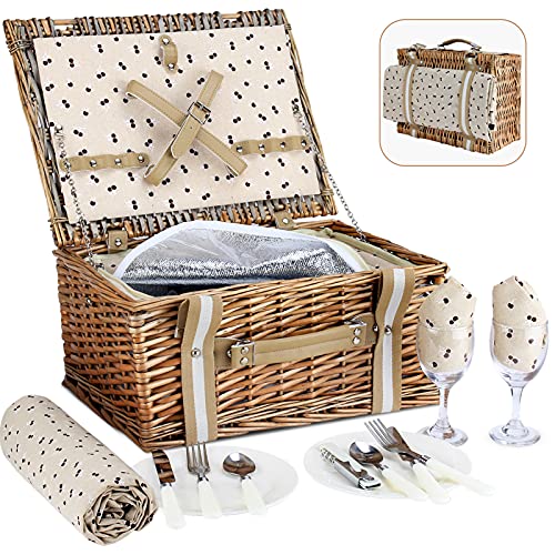 Willow Picnic Basket Set for 2 Persons with Large Insulated Cooler Bag and Waterproof Picnic Blanket,Wicker Picnic Hamper for Camping,Outdoor,Valentine Day,Thanks Giving,Birthday.