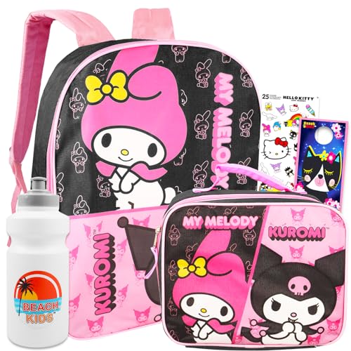 My Melody & Kuromi Backpack and Lunch Box Set for Girls - Bundle with 16” My Melody & Kuromi Backpack, Lunch Bag, Water Bottle, Stickers, More | Hello Kitty and Friends Backpack Set