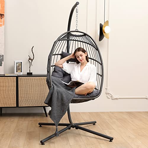 SWITTE Hanging Egg Chair with Stand, Egg Swing Hammock Chair with Stand, Indoor Outdoor Wicker Egg Chair with Cushion Headrest for Patio Bedroom Porch Garden, 350LBS Capacity(Gray)