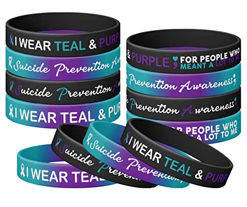 Razpah 12 Pcs Suicide Prevention Awareness Silicone Bracelet, I Wear Teal & Purple For People Who Meant A Lot To Me Wristband Bracelet, Stretch Wristbands Unisex Size for Women Men Teen