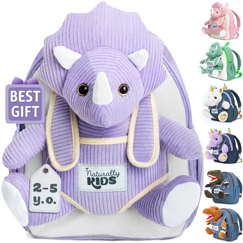 Naturally KIDS Toddler Backpack w Stuffed Animal Toy, Toddler Gifts for Boys Girls, Small Backpack, Purple Triceratops Toys