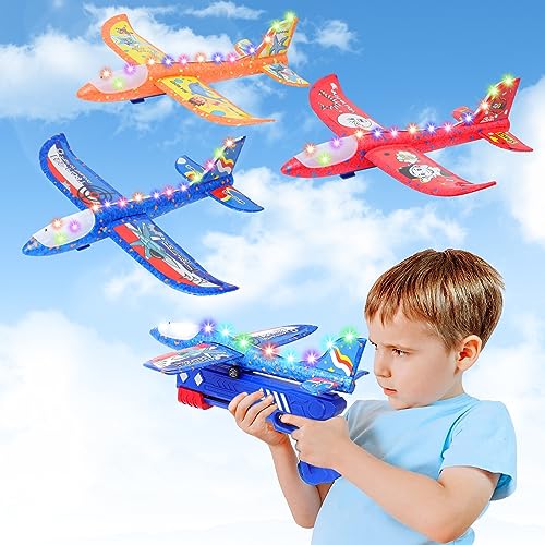 Yinosfun 3 Pack Airplane Launcher Toy, LED Foam Airplane Glider with 2 Flight Mode, Kids Catapult Plane with 3 Stickers, Outdoor Flying Toys Birthday Gifts for Boys Girls 4 5 6 7 8 9 10 12 Year Old