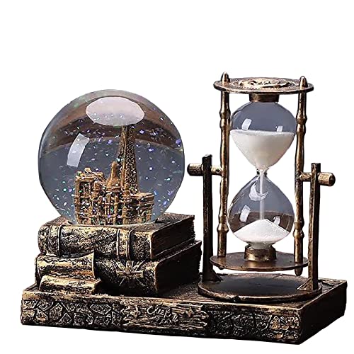 LED Music Crystal Snow Globe with Hourglass Vintage Paris Eiffel Tower Home Decoration for Living Room Bedroom Book Shelf TV Cabinet Desktop Decor Table Centerpieces Ornaments (A - Brass)