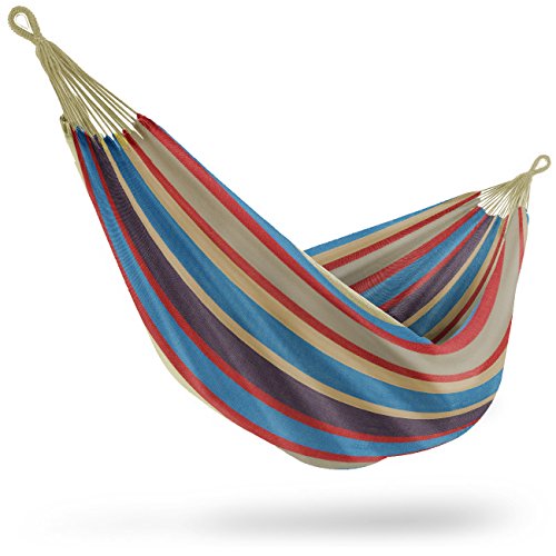 Sorbus Brazilian Double Hammock - Extra-Long Two Person Portable Hammock Bed for Indoor or Outdoor Spaces - Hanging Rope, Carrying Pouch Included (Blue/Sand/Purple/Red Stripes)
