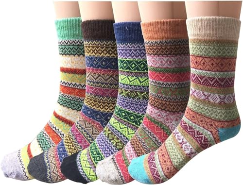 Pack of 5 Womens Vintage Style Cotton Knitting Wool Warm Winter Fall Crew Socks, Mixed Color 1, One Size - fit shoe sizes from 5-10