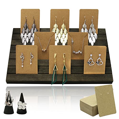 Wooden Earring Display Stands, Portable Earring Display+100 Pcs Earring Display Card+2 Pcs Rings Holder, for Showing Earring, ring, Business Card, Jewelry, Photo(Brown Color)