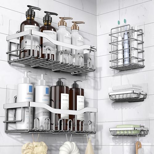 EUDELE Adhesive Shower Caddy, 5 Pack Stainless Steel Bath Organizers With No Drilling, Large Capacity Rustproof Shelves for Bathroom Storage & Home Decor