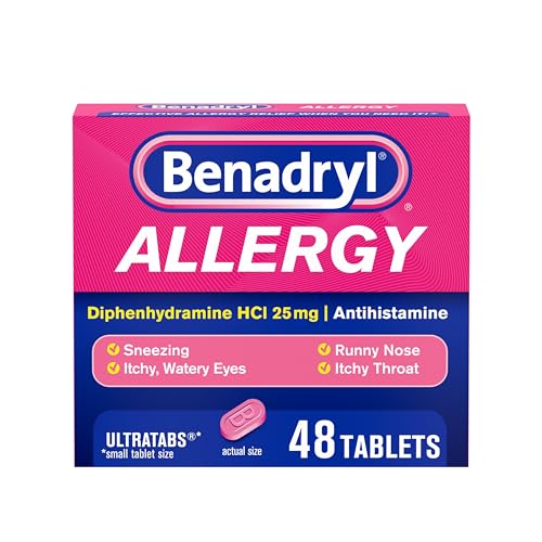 Benadryl Ultratabs Antihistamine Allergy Relief Medicine, 25 mg Diphenhydramine HCl Tablets for Relief of Cold & Allergy Symptoms Such as Sneezing, Runny Nose, & Itchy Eyes & Throat, 48 ct