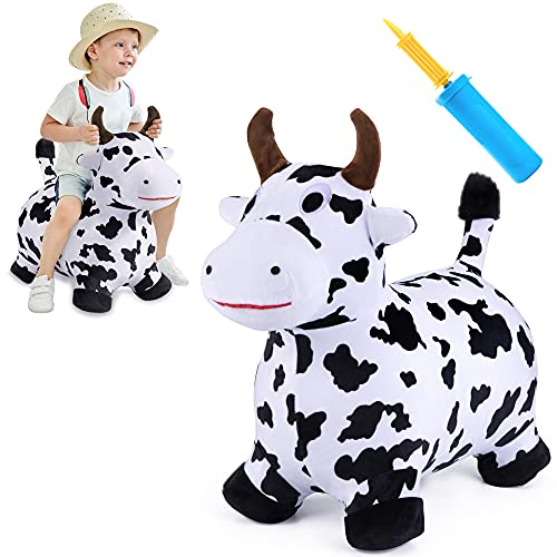 iPlay, iLearn Bouncy Pals Cow Hopping Horse, Outdoor Ride on Bouncy Animal Play Toys, Inflatable Hopper Plush Covered with Pump, Birthday Gift for 18 Months 2 3 4 5 Year Old Kids Toddlers Boys Girls