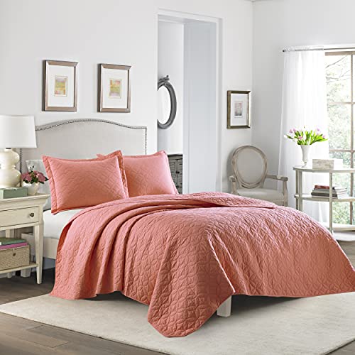 Laura Ashley Solid Collection Quilt Set-100% Cotton, Breathable, All Season Bedding with Matching Shams, Pre-Washed for Added Softness, King, Coral