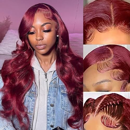 28 Inch Wine Red Long Curly Wigs, Pre Plucked 180 Density Density HD Lace Frontal Human Hair Wigs, Pre Plucked for Black Women Natural Color