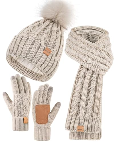 Women's 3-in-1 Fleece Winter Hat, Scarf & Touchscreen Glove Set with Pom Pom - Oatmeal