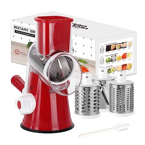 Rotary Cheese Grater Shredder Chopper Round Tumbling Box Mandoline Slicer Nut Grinder for Vegetable, Hash Brown, Potato with 3 Sharp Drums Blades and Strong Suction Base by Valuetool