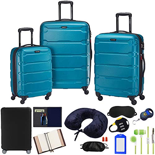 Samsonite 68311-2479 Omni Hardside Luggage Nested Spinner Set 20 Inch, 24 Inch, 28 Inch - Caribbean Blue Bundle w/Deco Gear Luggage Accessory Kit (10 Item)