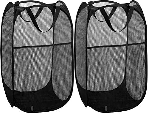 Handy Laundry Collapsible Mesh Pop Up Hamper with Wide Opening and Side Pocket – Breathable, Sturdy, Foldable, and Space-Saving Design for Clothes and Storage. (Black | 2-Pack)