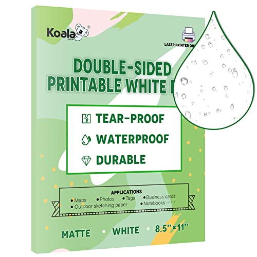 Koala Waterproof Paper for Laser Printer, Tearproof Printer Paper, Matte Double Sided Printable White Film 8.5x11 In 25 Sheets For Printing Backpacking Maps