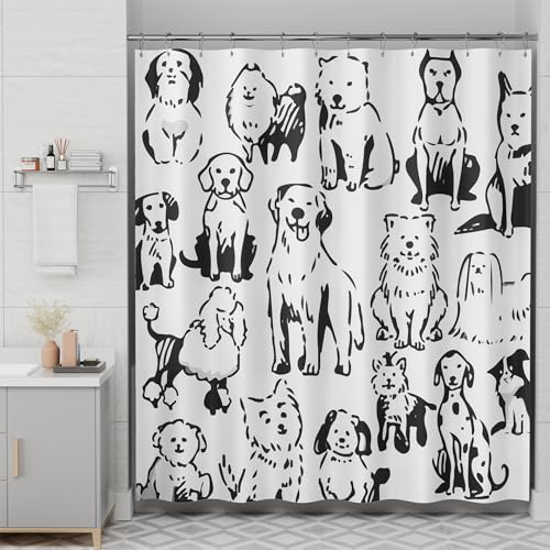 AmazerBath Shower Curtain, Washable Cloth Cute Dogs Kids White and Black Shower Curtain Sets with 12 Shower Curtain Hooks, Kawaii Pet Puppy Waterproof Shower Curtains for Bathroom Decor, 72x72 Inches