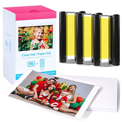 Compatible for Canon Selphy CP1300 CP1500 Ink and Paper for Canon CP1200 CP1000 CP910 CP900 CP810 CP760 CP770 CP780, KP-108IN 3 Color Ink Cartridges and 108 Sheets 4x6 Photo Paper Glossy