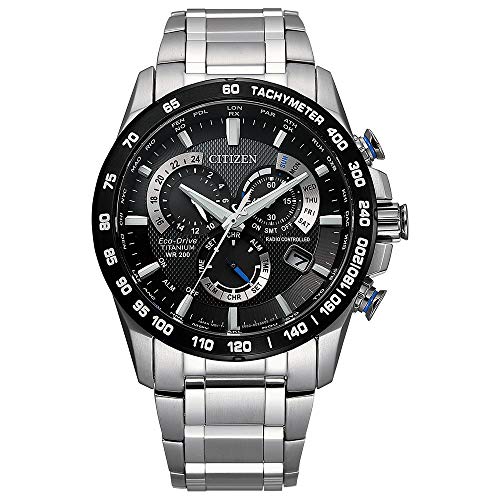 Citizen Men's Eco-Drive Sport Luxury PCAT Chronograph Super Titanium Watch, Power Reserve Indicator, Black Dial, 42mm (Model: CB5908-57E)