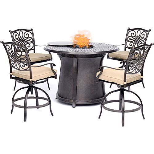 Hanover Traditions 5-Piece High-Dining Patio Set with Fire Pit with 4 Counter-Height Swivel Chairs, Tan Cushions, and a Round 40,000 BTU Cast-top Fire Pit Table, Durable All-Weather Fire Pit Patio Set