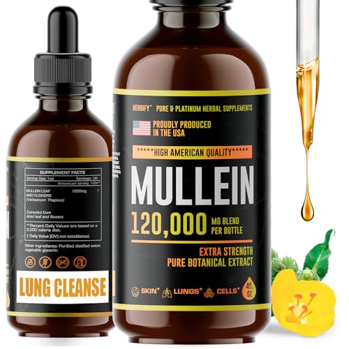 HERBIFY Mullein Drops - Lung Cleanse - Leaf Extract - Powerful Mullein for Immune Support,Detox & Respiratory Support - Made in USA - Herbal Supplements - 4 Oz