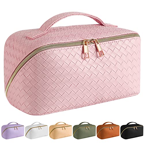 SFXULIX Large Capacity Travel Cosmetic Bag - Makeup Bag, PU Leather Waterproof Cosmetic Bag, Women Portable Travel Makeup Bag With Handle and Divider Flat Lay Makeup Organizer Bag (Pink)