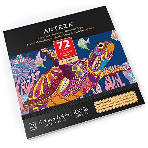 Arteza ​Adult Coloring Book​, 6.4 x 6.4 Inches, 72 Sheets, Ocean Designs, Travel-Sized Detachable 100-lb ​Coloring Sheets​, Art Supplies for Relaxing, Reflecting, and Decompressing