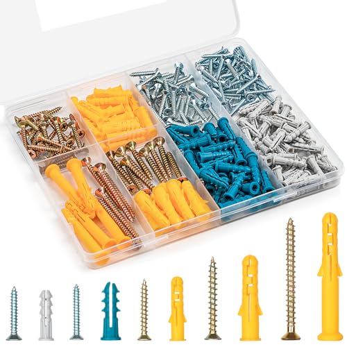 KURUI Drywall Anchors and Screws Assortment Kit 270PCS, 135 Plastic Wall Anchors and 135 Philips Flat Head Screws, 5 Sizes Galvanized Screws and Wall Plug Bolts with Organizer Box