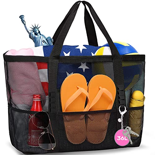 AURUZA Mesh Beach Bag Waterproof Sandproof Large Swim Tote Bags Oversized Foldable Lightweight Swimming Pool Boat Bag with Zipper Cruise Beach Essentials Accessories for Vacation Must Haves