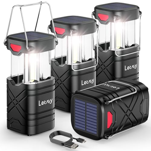 LETMY 4 Pack Camping Lantern, Rechargeable LED Lanterns, Solar Lantern Battery Powered Hurricane Lantern Flashlights with 3 Powered Ways & USB Cable for Emergency, Power Outage, Hurricane Supplies