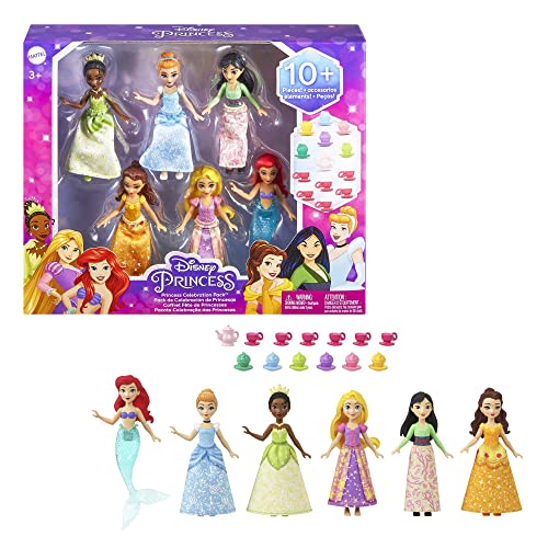 Mattel Disney Princess Toys, Small Doll Party Set with 6 Posable Princess Dolls in Sparkling Clothing & 13 Tea Time Accessories