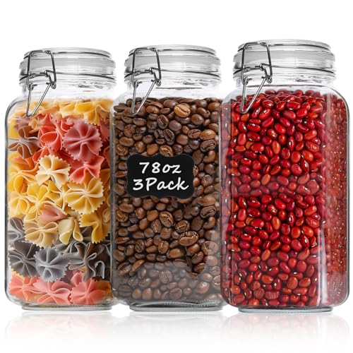 ComSaf Airtight Glass Canister Set of 3 with Lids 78oz Food Storage Jar Square - Storage Container with Clear Preserving Seal Wire Clip Fastening for Kitchen Canning Flour, Cereal, Pasta, Sugar, Beans