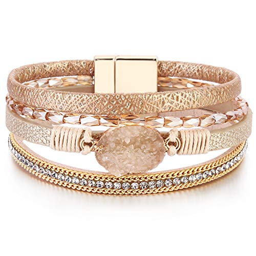 FANCY SHINY Boho Leather Wrap Bracelets Bohemian Crystal Bracelets Trendy Layered Bracelet with Magnetic Clasp Stackable Jewelry for Women (7.7', Gold)