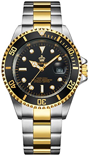 FANMIS Mens Luxury Watches Ceramic Bezel Sapphire Glass Luminous Quartz Silver Gold Two Tone Stainless Steel Watch (Gold Black)