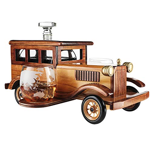 Old Fashioned Car Whiskey Decanter Set, Very Large 15' x 13' x 7' 750ml Decanter Spigot, and 2-10oz Whiskey Tumbler Old Fashion Glasses, Old Fashioned Vintage Car, Limited Edition, Great Bar Gift!