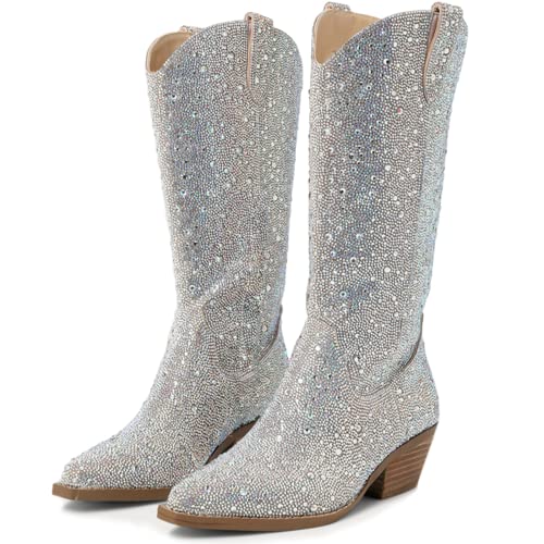 MUCCCUTE Women's Rhinestone Mid Calf Boots Sparkly Block Heel Cowboy Boots Glitter Boots