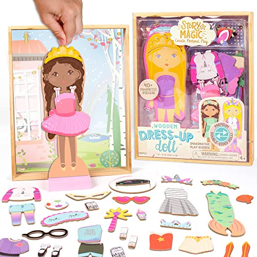 Story Magic Wooden Dress-Up Doll by Horizon Group USA, Dress Up Magnetic Wood Double Sided Doll, Over 40 Outfit and Accessory Pieces, Creative Pretend Play, Perfect for Ages 4+