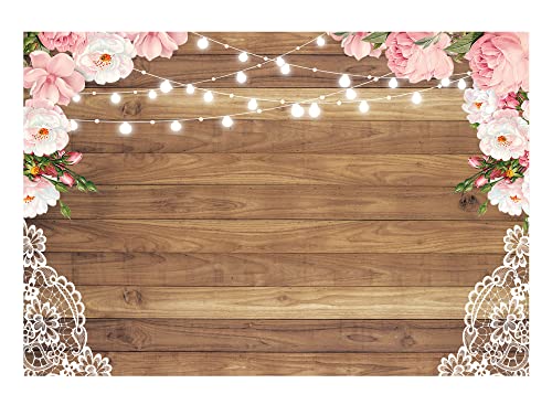 Funnytree 7X5ft Flowers Wood Lace Rustic Backdrop Wedding Floral Photography Background Wooden Board Floor Bridal Shower Baby Birthday Party Bride Banner Photo Studio