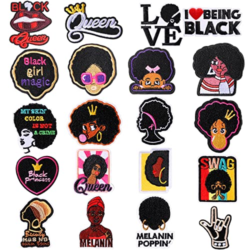 20 Pieces Black Girl Iron on Patches for Clothing, Afro Girl Embroidered Sew On Patch Applique for Backpacks Jeans Jackets DIY Craft (Novelty Style)